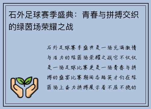 石外足球赛季盛典：青春与拼搏交织的绿茵场荣耀之战